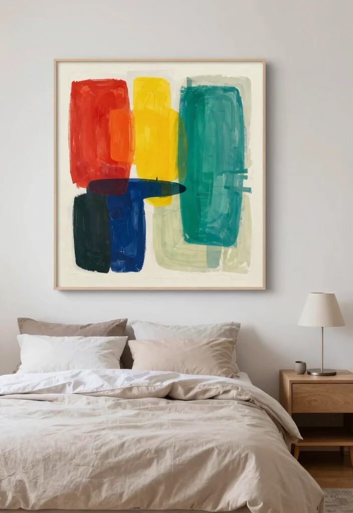 16 No Headboard Ideas That Feel Minimal but Not Empty 5. Oversized Art Piece 0