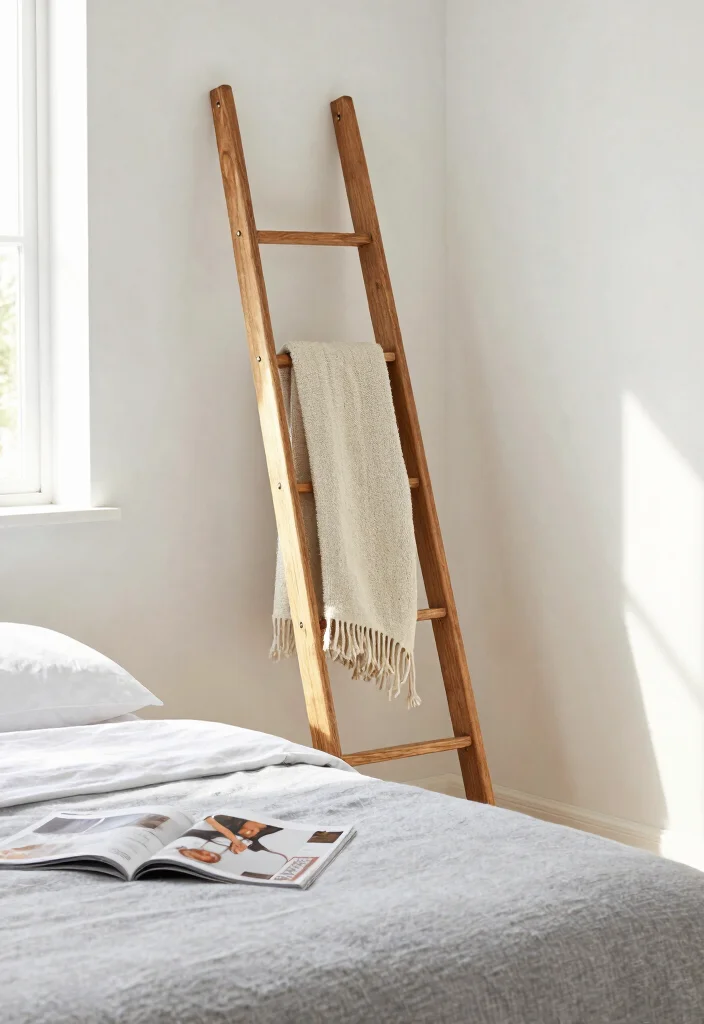 16 No Headboard Ideas That Feel Minimal but Not Empty 9. Decorative Ladder 0