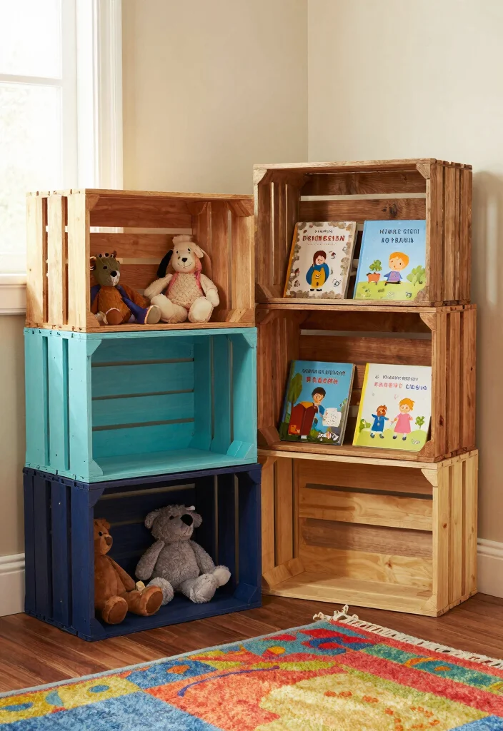 16 Playroom Storage Ideas That Make Cleanup Feel Easy 1. Upcycled Wooden Crates 0