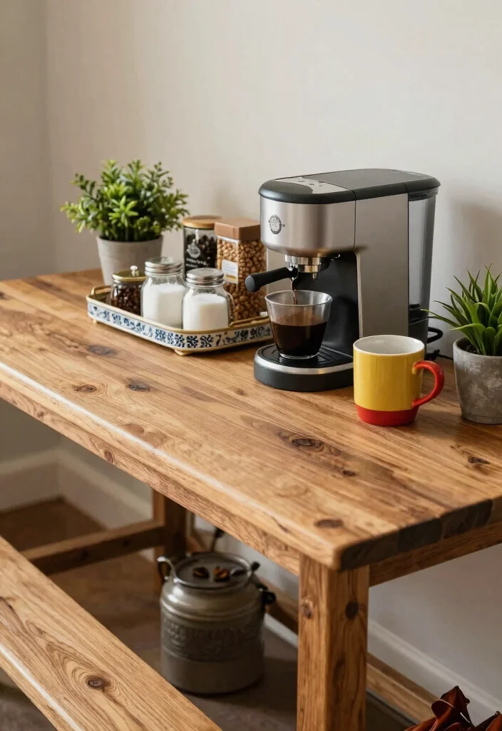 16 Rustic Coffee Bar Ideas That Feel Warm and Collected 31 16 Rustic Coffee Bar Ideas That Feel Warm and Collected 11. Rustic Farmhouse Table Coffee Bar 0