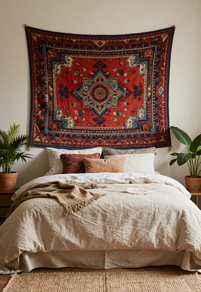 16 Unique Headboard Ideas That Feel Custom and High End 11. Hanging Tapestry Headboard 0