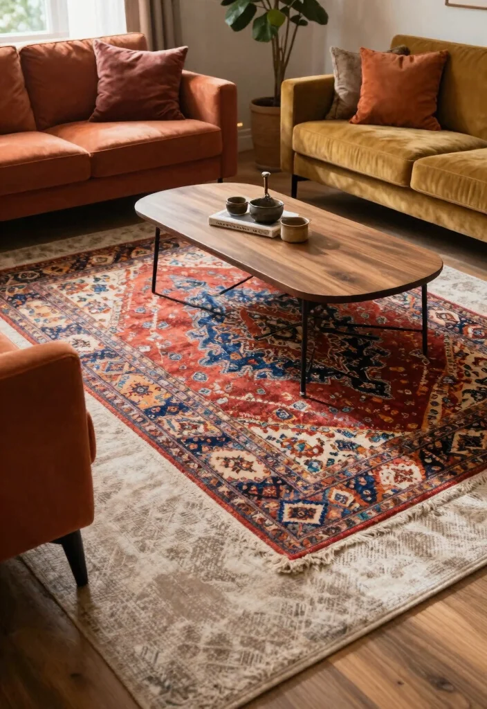 18 Colorful Living Room Decor Ideas That Feel Bold but Tasteful 36 18 Colorful Living Room Decor Ideas That Feel Bold but Tasteful 6. Layering Colors with Rugs 0