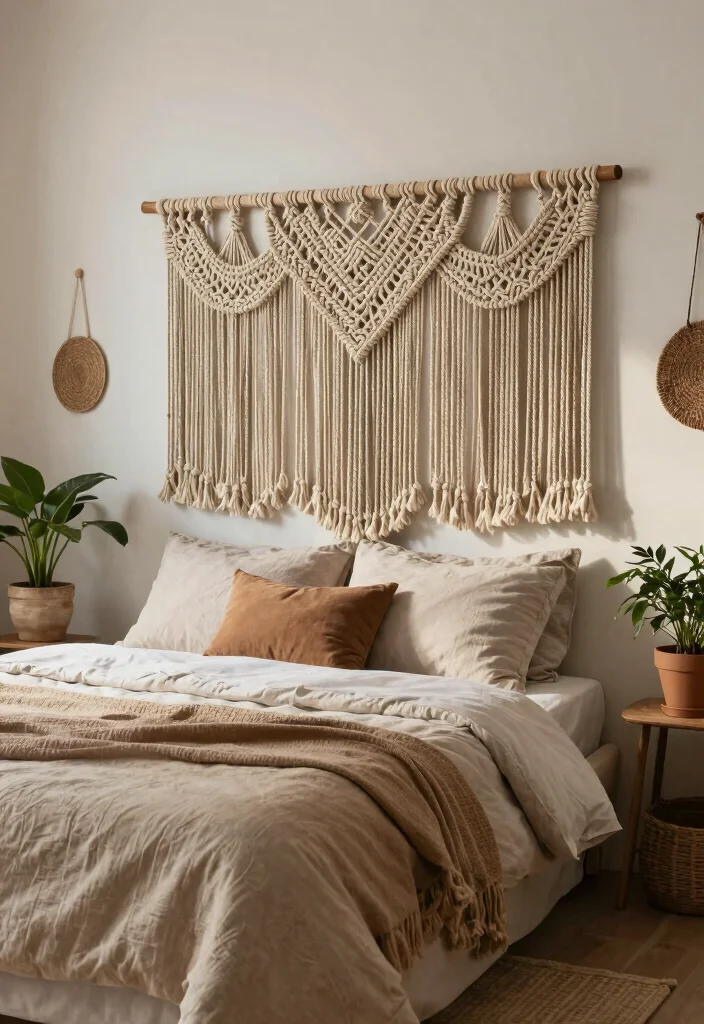 18 Headboard Design Ideas That Make the Bed the Star 34 18 Headboard Design Ideas That Make the Bed the Star 4. Bohemian Macrame Magic 0